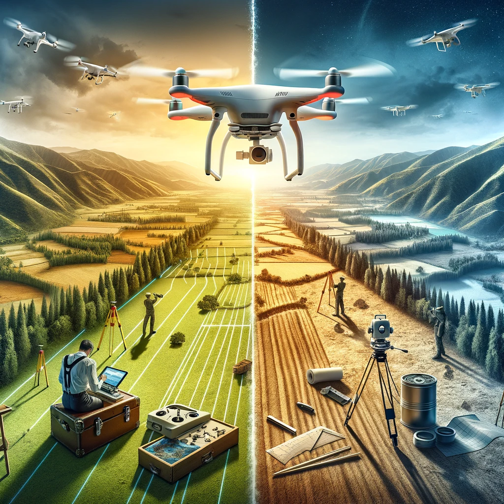 image showcasing a drone surveying a landscape, focusing on its flight path over the varied terrain below. This illustrates the precision and strategic planning involved in drone surveying, highlighting the drone's ability to efficiently navigate and collect data over diverse environments.