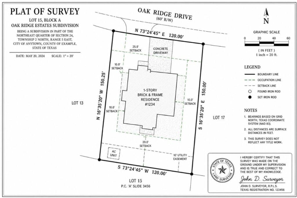 Plat of survey showing property boundary lines, setback lines, and occupation lines around a residential structure