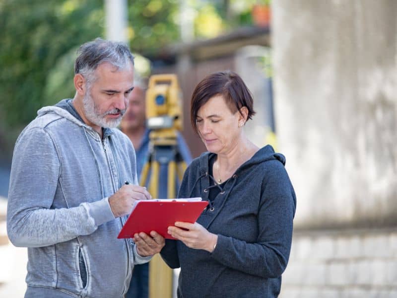 Homeowner meeting with one of the surveying companies to review property survey plans