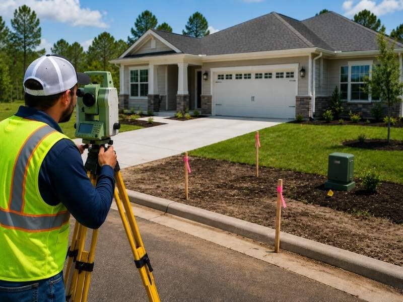 As-built survey being performed after construction is complete to document the final layout of a residential property

