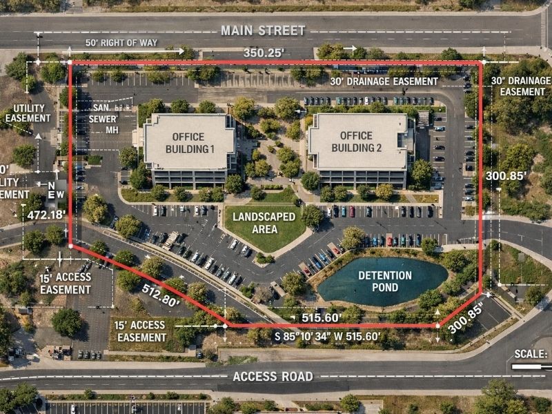 Aerial view from an ALTA survey showing two office buildings, parking areas, drainage and utility easements, access roads, a detention pond, and property boundary measurements for a commercial development site