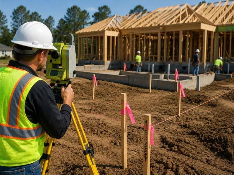 Construction surveyor using a total station to verify layout points and prevent costly building mistakes during residential construction
