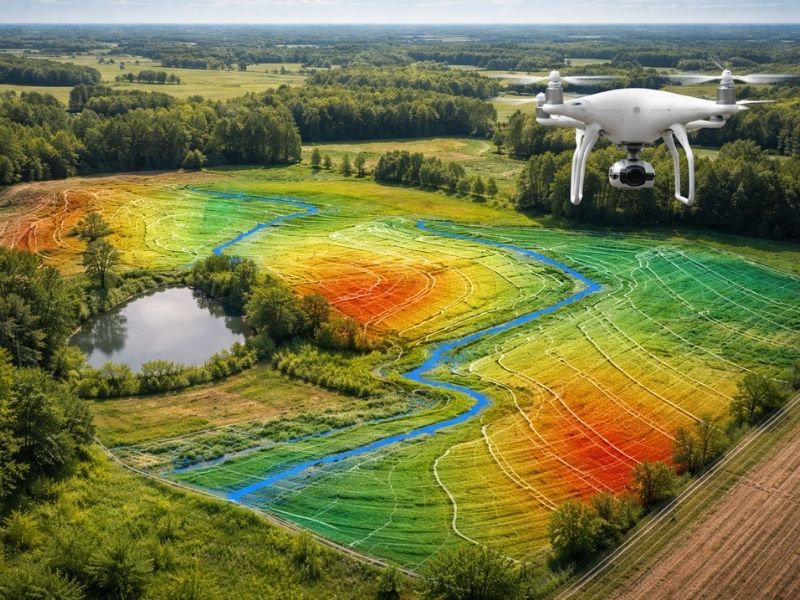 Drone LiDAR mapping showing detailed elevation data and contour lines across a property to improve survey accuracy