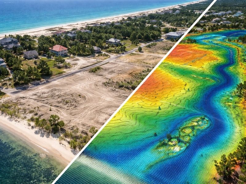 Side-by-side comparison of a development site and a drone LiDAR elevation model used for accurate property survey analysis