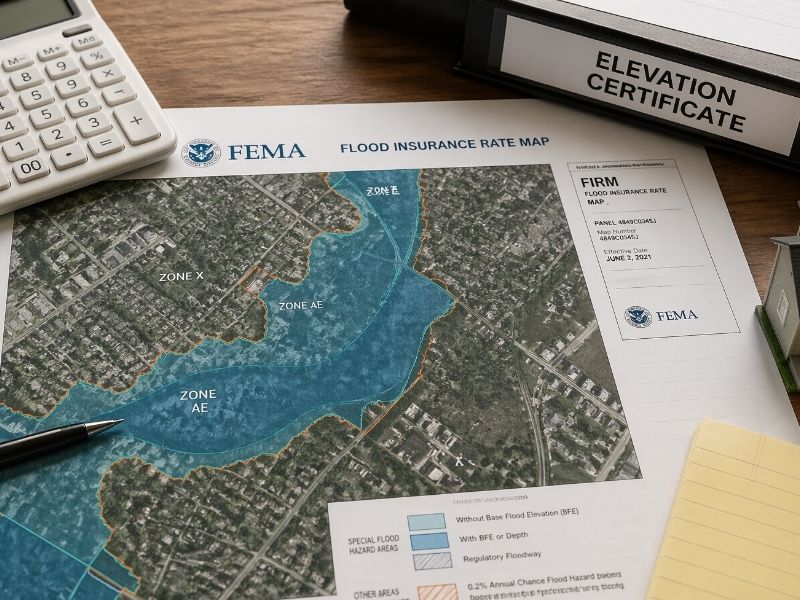FEMA flood insurance rate map and elevation certificate documents used to determine flood risk and insurance requirements for a property