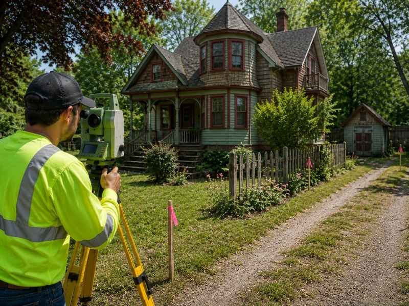 Home survey being performed on an older house to verify property lines, fences, driveway, and detached shed before closing
