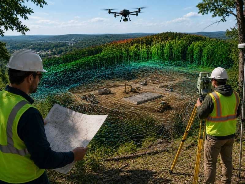 LiDAR mapping and a topographic survey used together to capture terrain, site features, and elevation data before land development and construction.