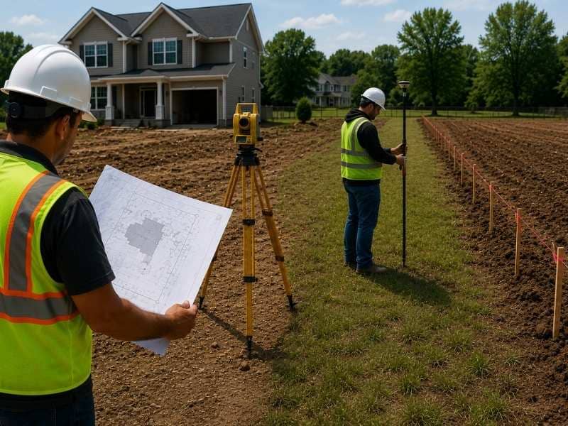 plat of survey vs boundary survey showing civil engineer checking property lines with survey equipment on construction site
