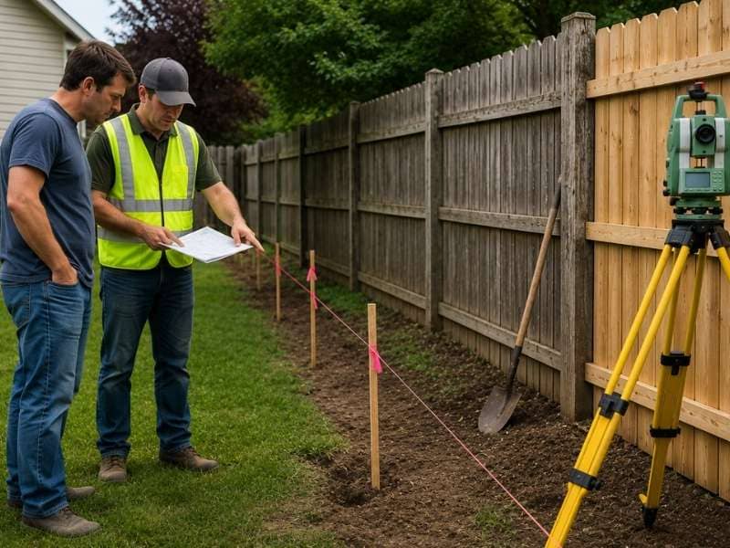 property lines before replacing fence with land survey showing surveyor marking boundary in residential yard
