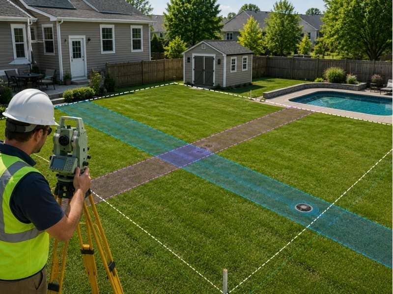 Property survey showing easement locations, property boundaries, and planned home improvements including a shed and pool on a residential lot.