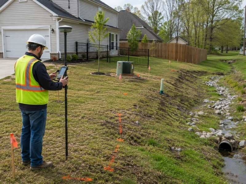 Surveyor checking property lines, drainage, and existing features before a permit application is submitted.