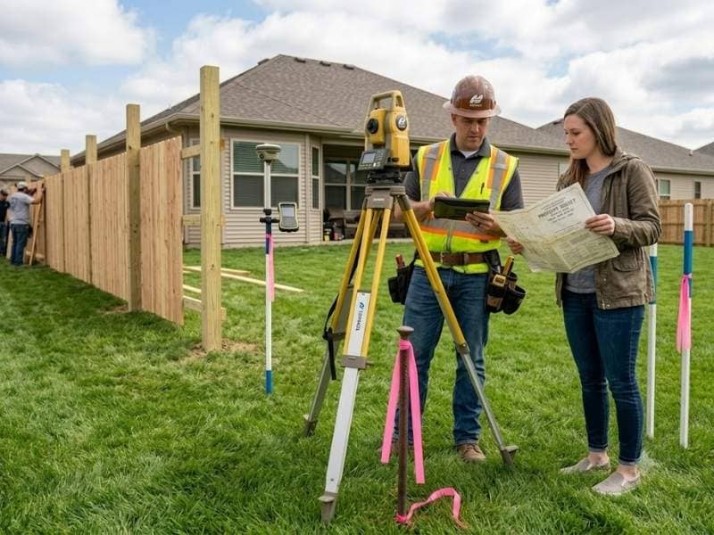 Surveyor for fence project verifying property boundaries while a homeowner compares an old survey before installing a new fence.