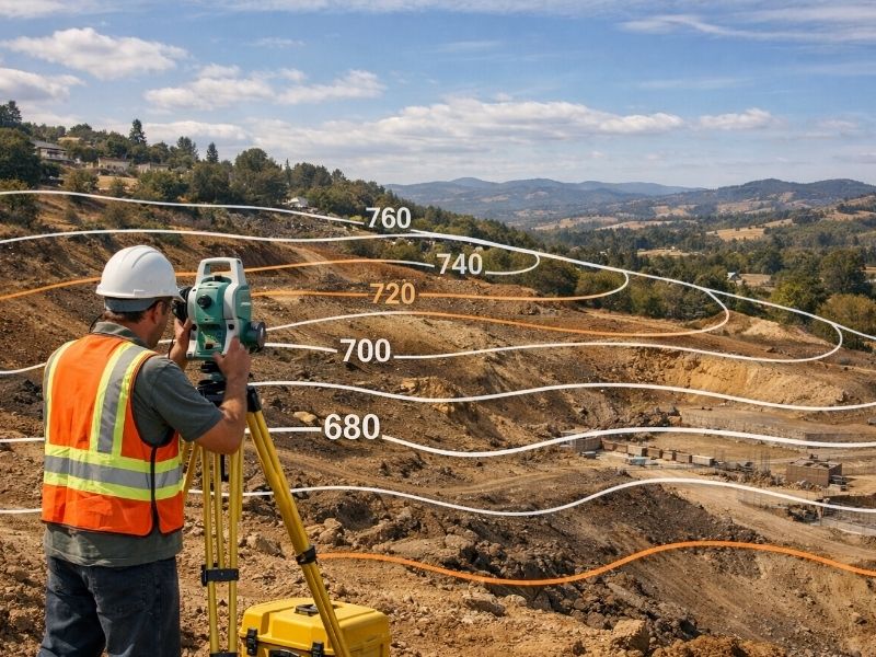 Surveyor using a total station to collect elevation data and create a topographic survey before construction begins