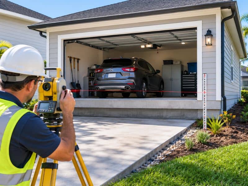 Elevation certificate survey in Orlando, Florida showing a licensed surveyor measuring a raised garage floor to document updated property elevations after remodeling.
