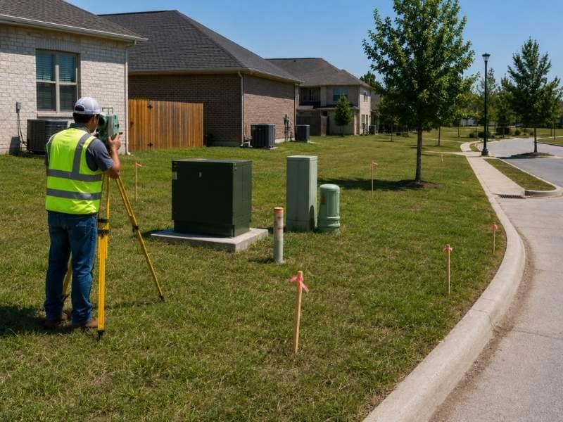 Property survey for fence work around shared utility equipment with a surveyor marking boundaries and keeping access clear
