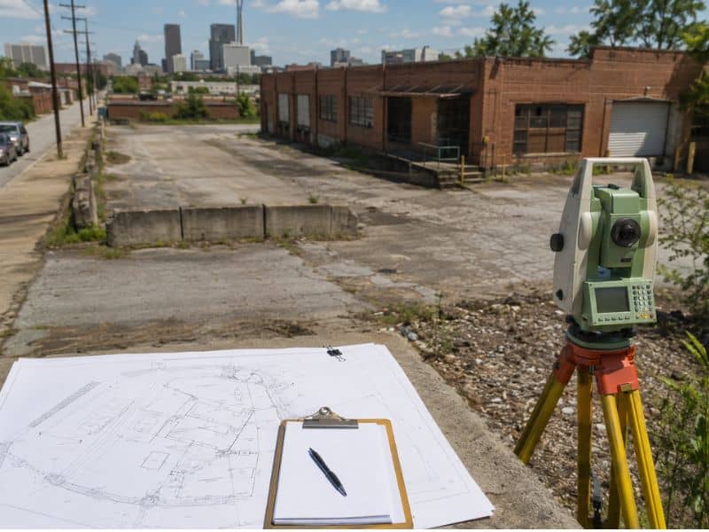 ALTA land survey of an older commercial property showing a surveyor using a total station to document buildings, boundaries, and site features before redevelopment. 

