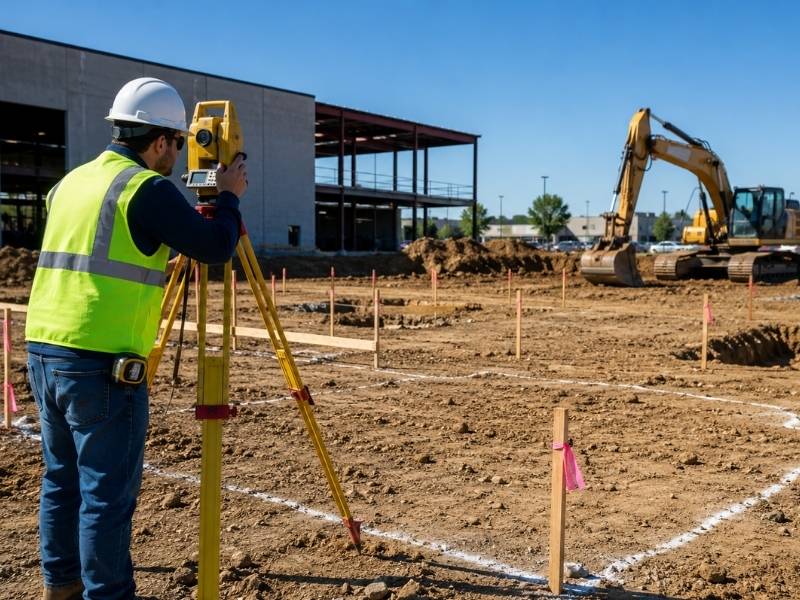 Licensed land surveyor performing construction staking before excavation on a commercial construction site in Orlando, FL.