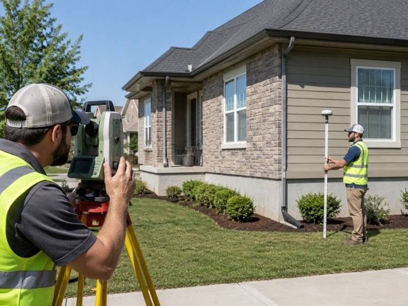Licensed surveyor measuring a home for an elevation certificates to support flood insurance questions.
