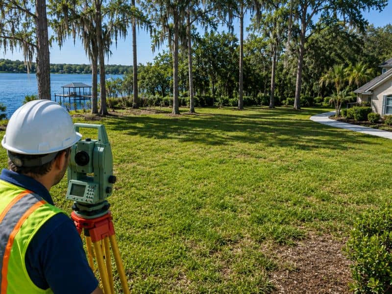 Land survey companies near me surveying an irregular parcel in Orlando, Florida using a total station to verify complex property boundaries.

