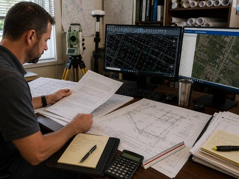 Licensed surveyor reviewing deeds, plats, previous surveys, and property records before starting a land survey.