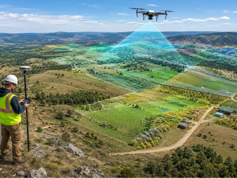 Survey drone using LiDAR to map a large rural property while a land surveyor collects ground control data.
