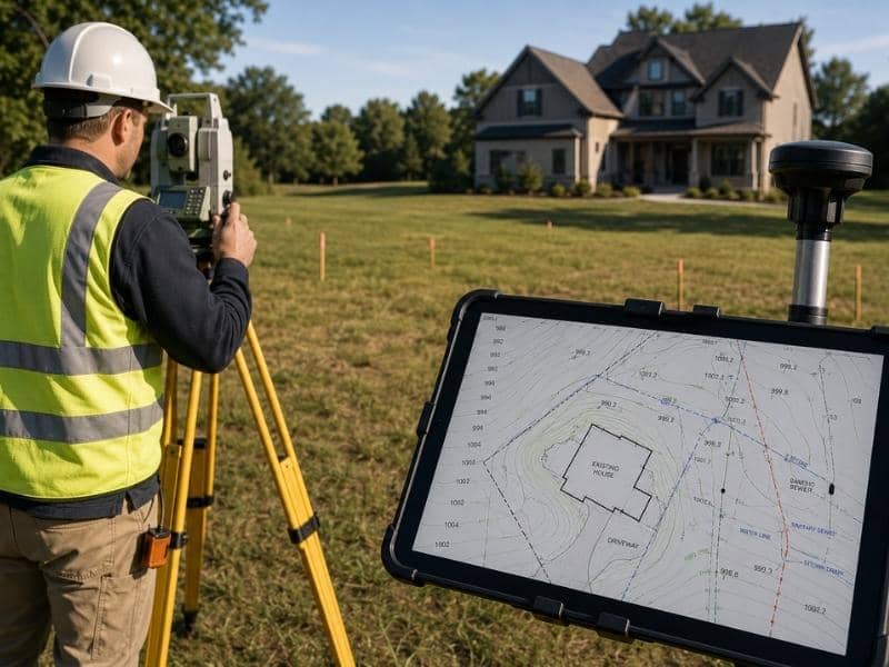  Survey mapping showing a licensed land surveyor collecting topographic data to plan drainage improvements and utility layouts on a residential property.
