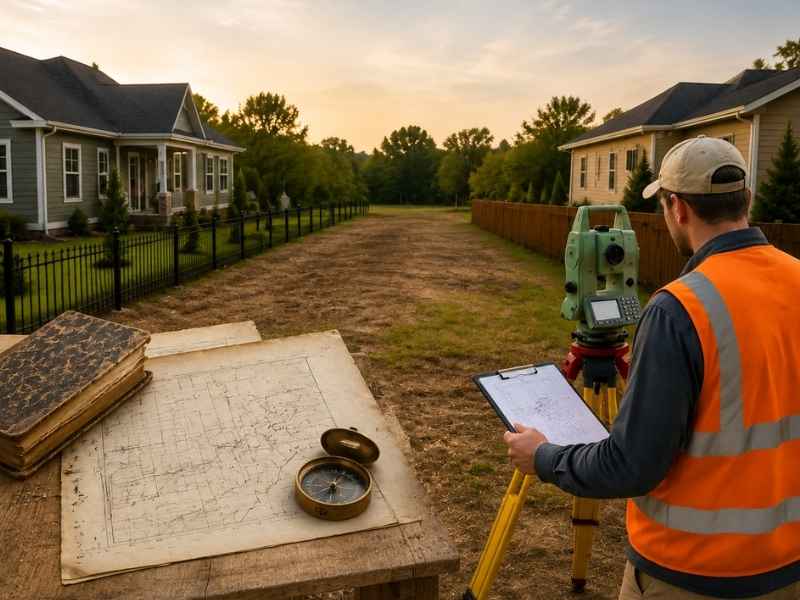 Cadastral surveyor in Orlando Florida reviewing land records and survey data to resolve gaps between recorded parcels