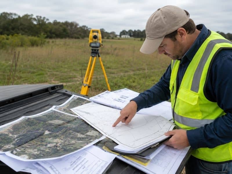 Cadastral surveyor reviewing conflicting county property maps beside surveying equipment on rural land in Orlando, FL.