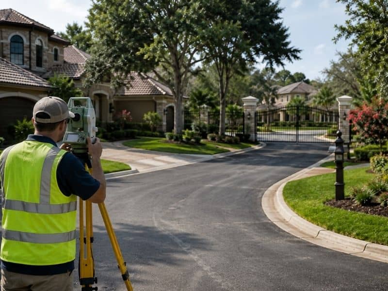 Land surveyor measuring a private road in an Orlando, Florida gated community with shared driveways
