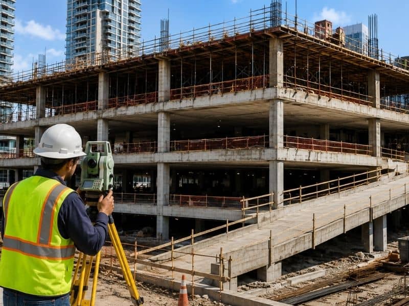 Orlando construction surveyor checking a multi-level podium and garage layout at a high-density development site.