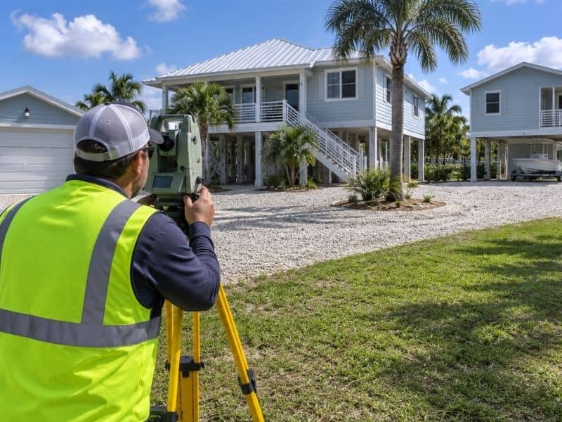 Surveyor documenting multiple elevated buildings on one residential lot for an elevation certificate in Orlando, Florida.